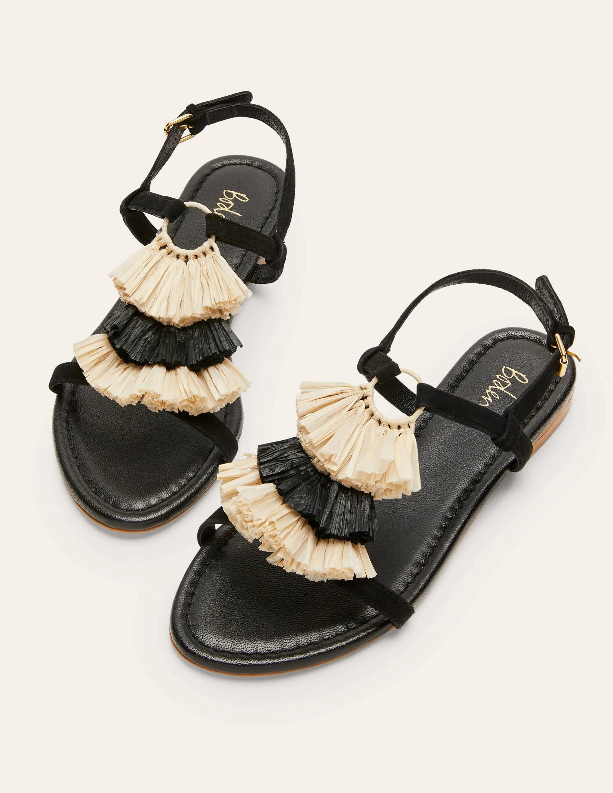 Sarah Fringe Flat Sandals-Black