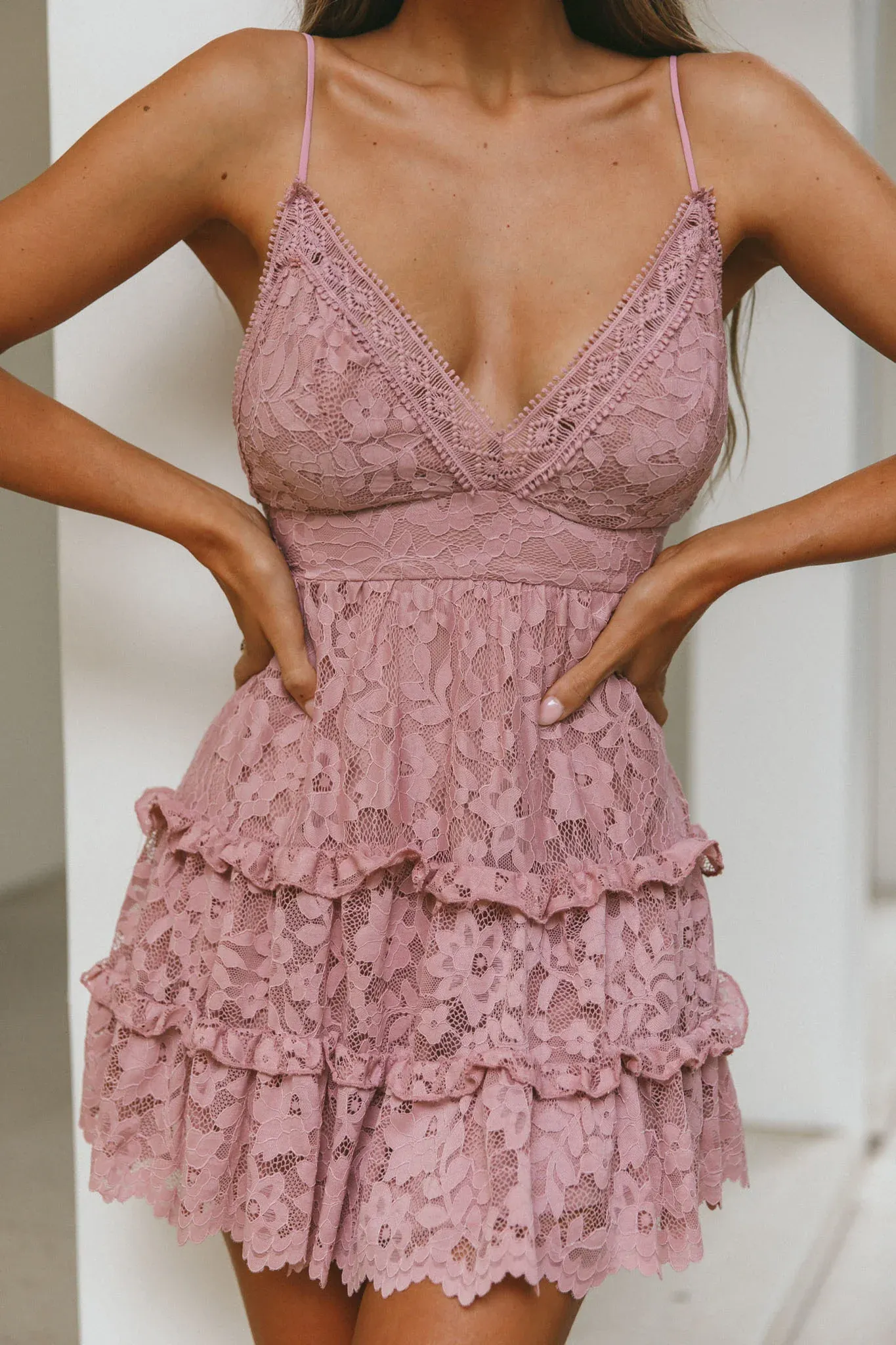 Sunshine Morning Crochet Lace Frill Trim Tied Back Lace Mini Dress Rose