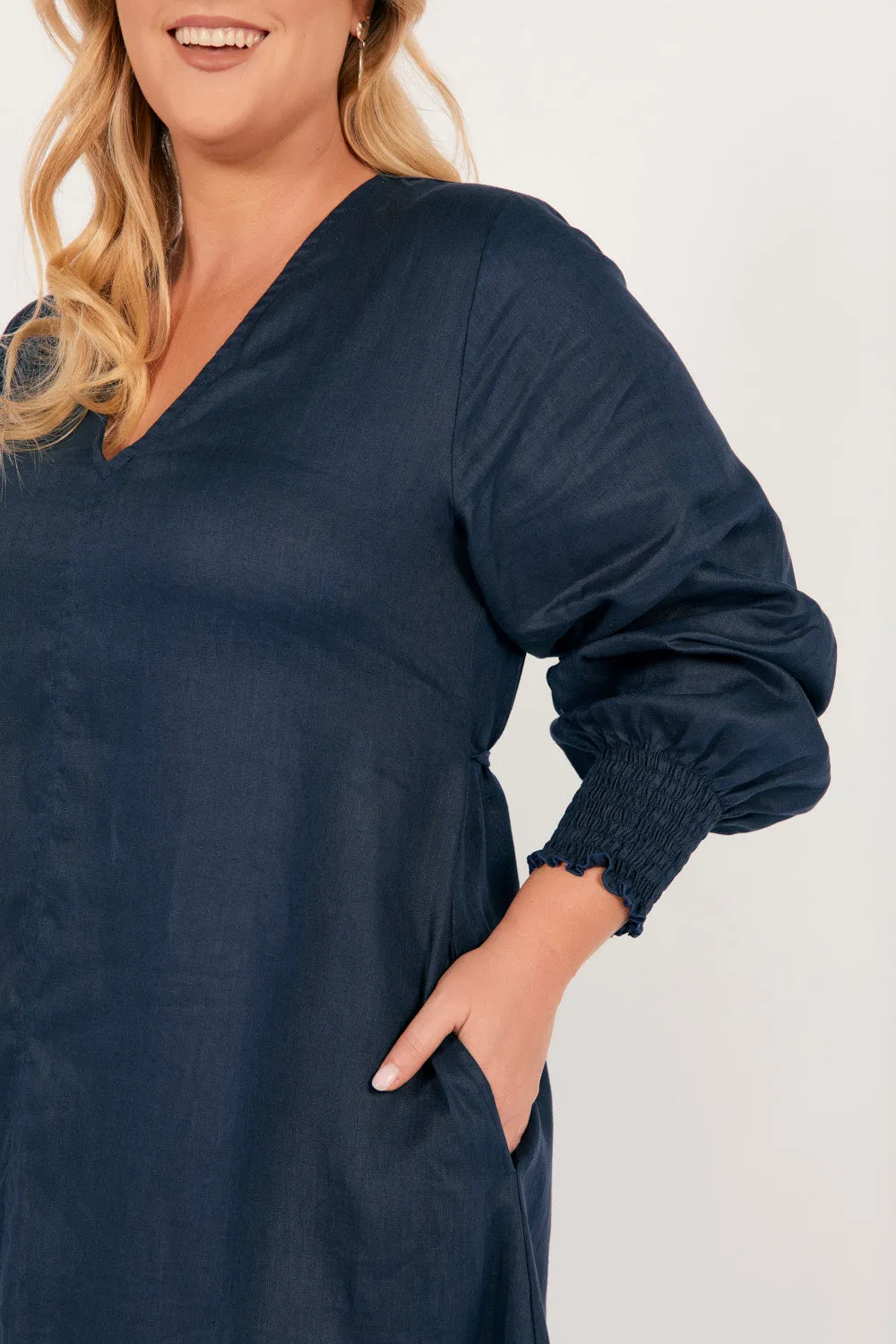 Tamara Long Sleeve Linen Dress in Navy