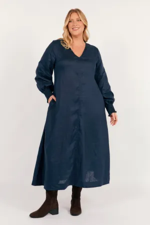 Tamara Long Sleeve Linen Dress in Navy