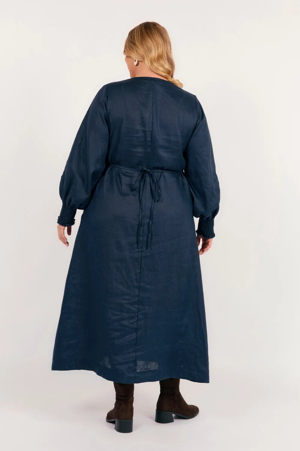Tamara Long Sleeve Linen Dress in Navy