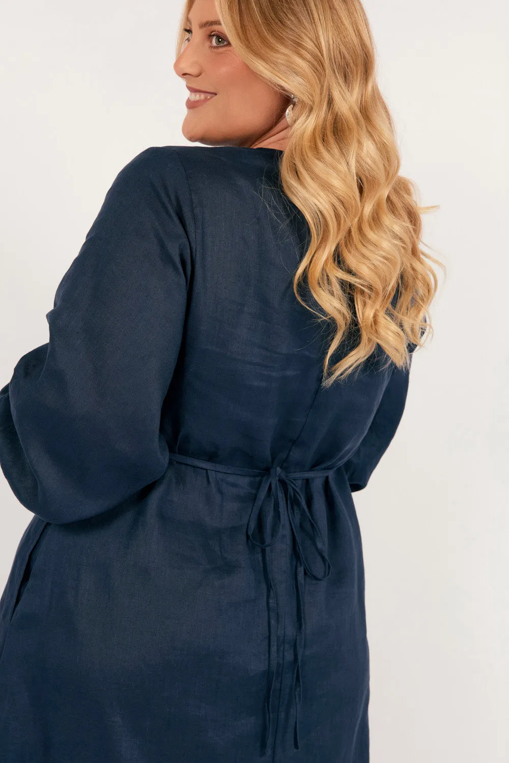 Tamara Long Sleeve Linen Dress in Navy