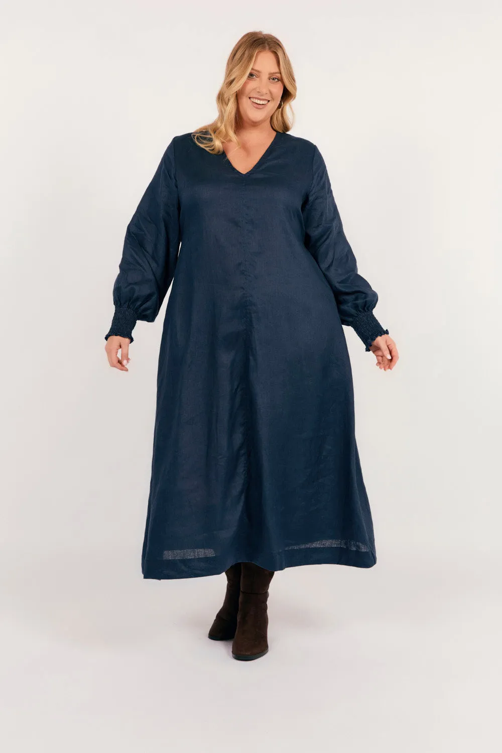 Tamara Long Sleeve Linen Dress in Navy
