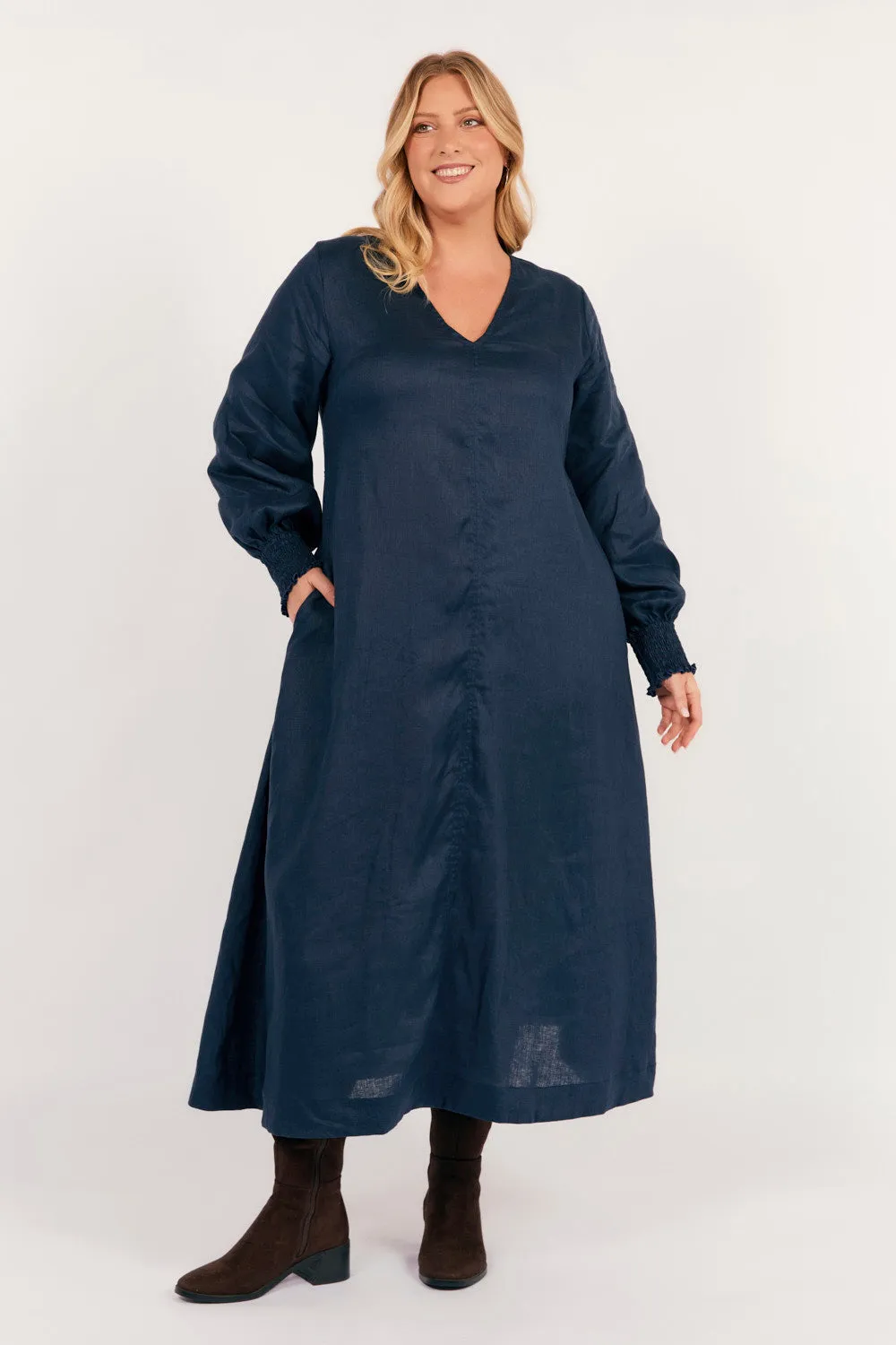 Tamara Long Sleeve Linen Dress in Navy
