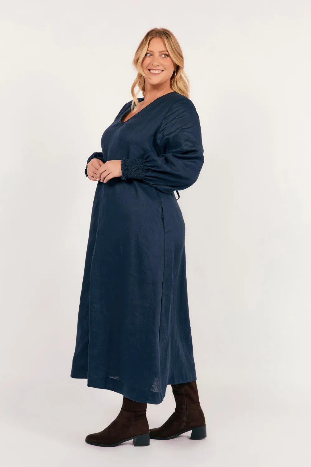 Tamara Long Sleeve Linen Dress in Navy