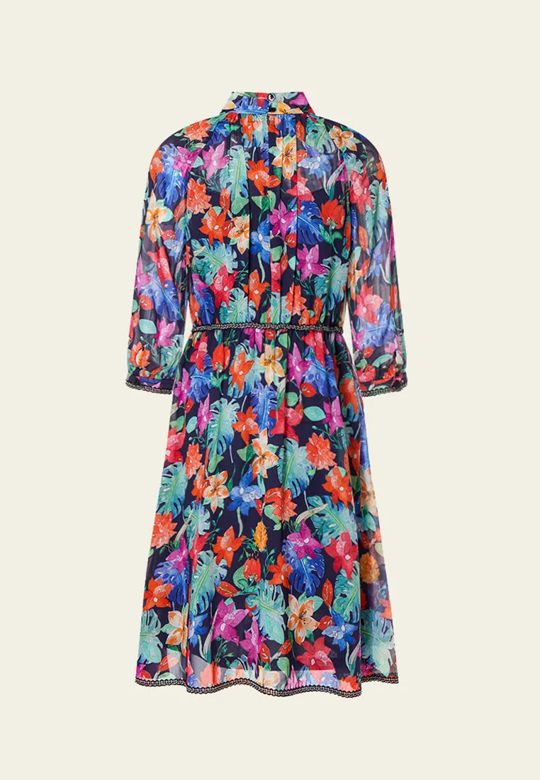 Tropical Flowers Pussy Bow Chiffon Dress