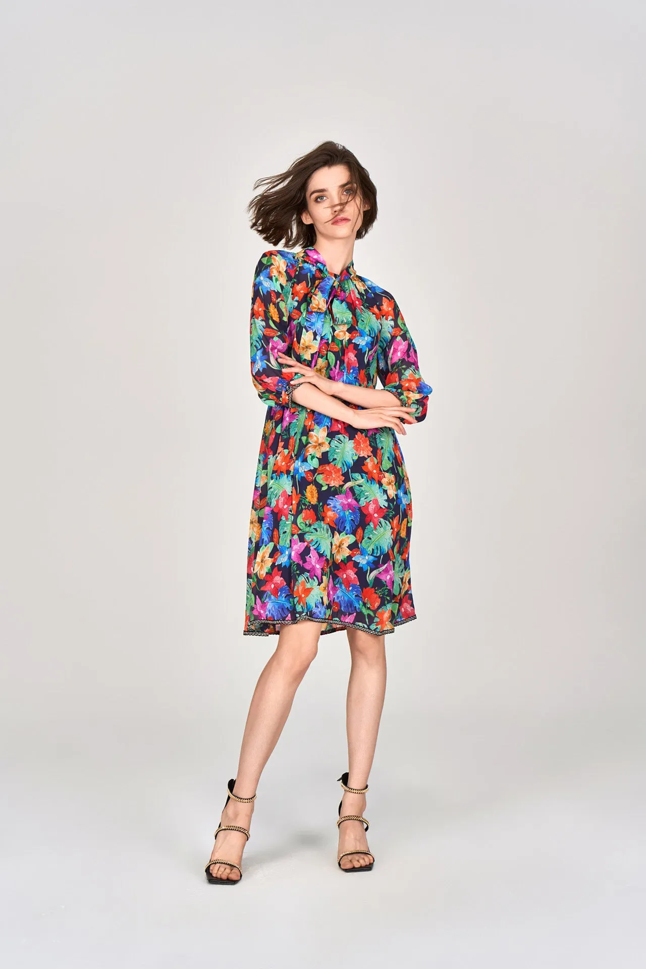 Tropical Flowers Pussy Bow Chiffon Dress