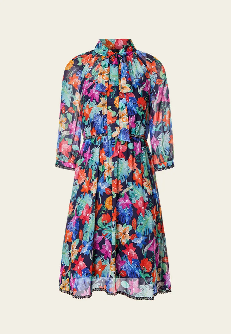 Tropical Flowers Pussy Bow Chiffon Dress