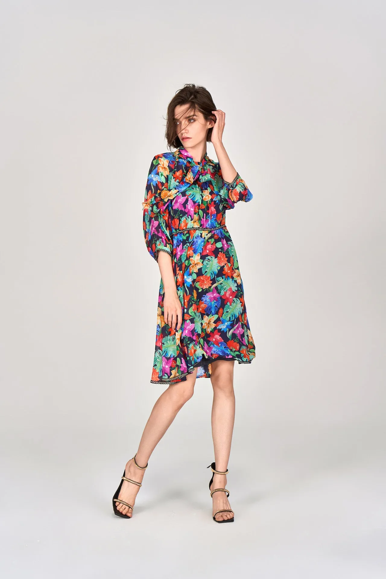 Tropical Flowers Pussy Bow Chiffon Dress