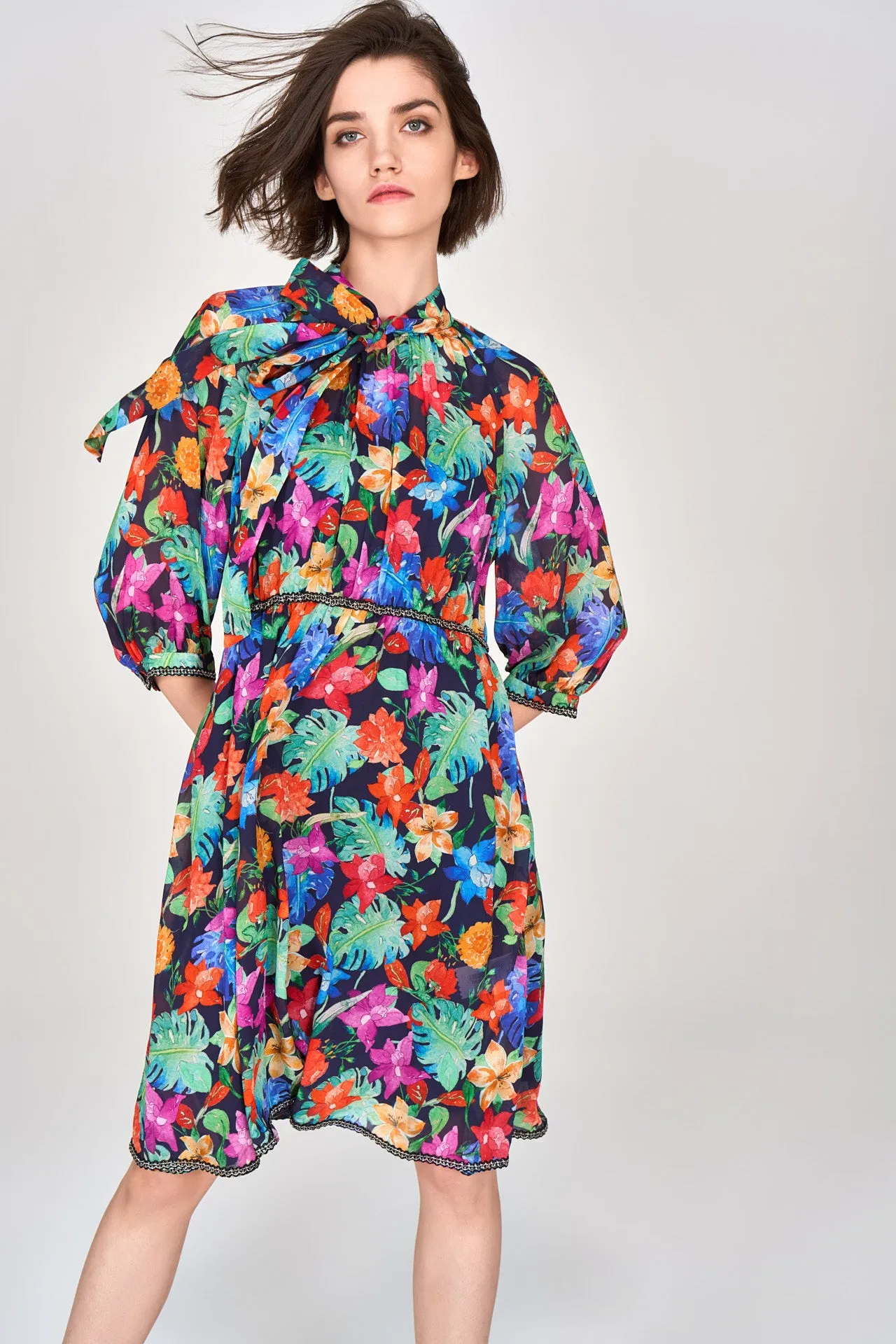 Tropical Flowers Pussy Bow Chiffon Dress