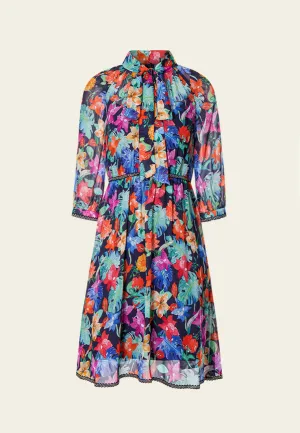Tropical Flowers Pussy Bow Chiffon Dress