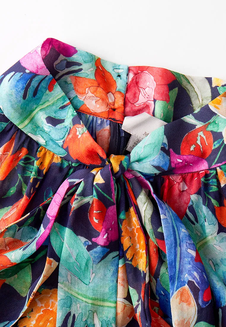 Tropical Flowers Pussy Bow Chiffon Dress