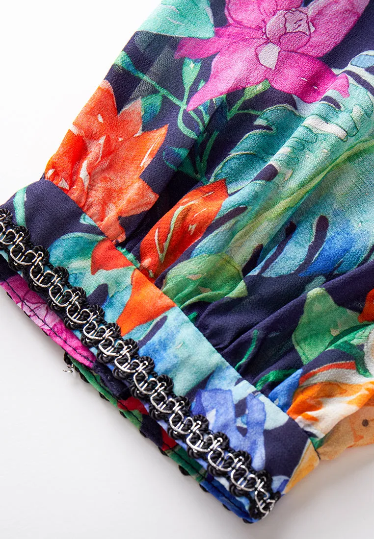 Tropical Flowers Pussy Bow Chiffon Dress