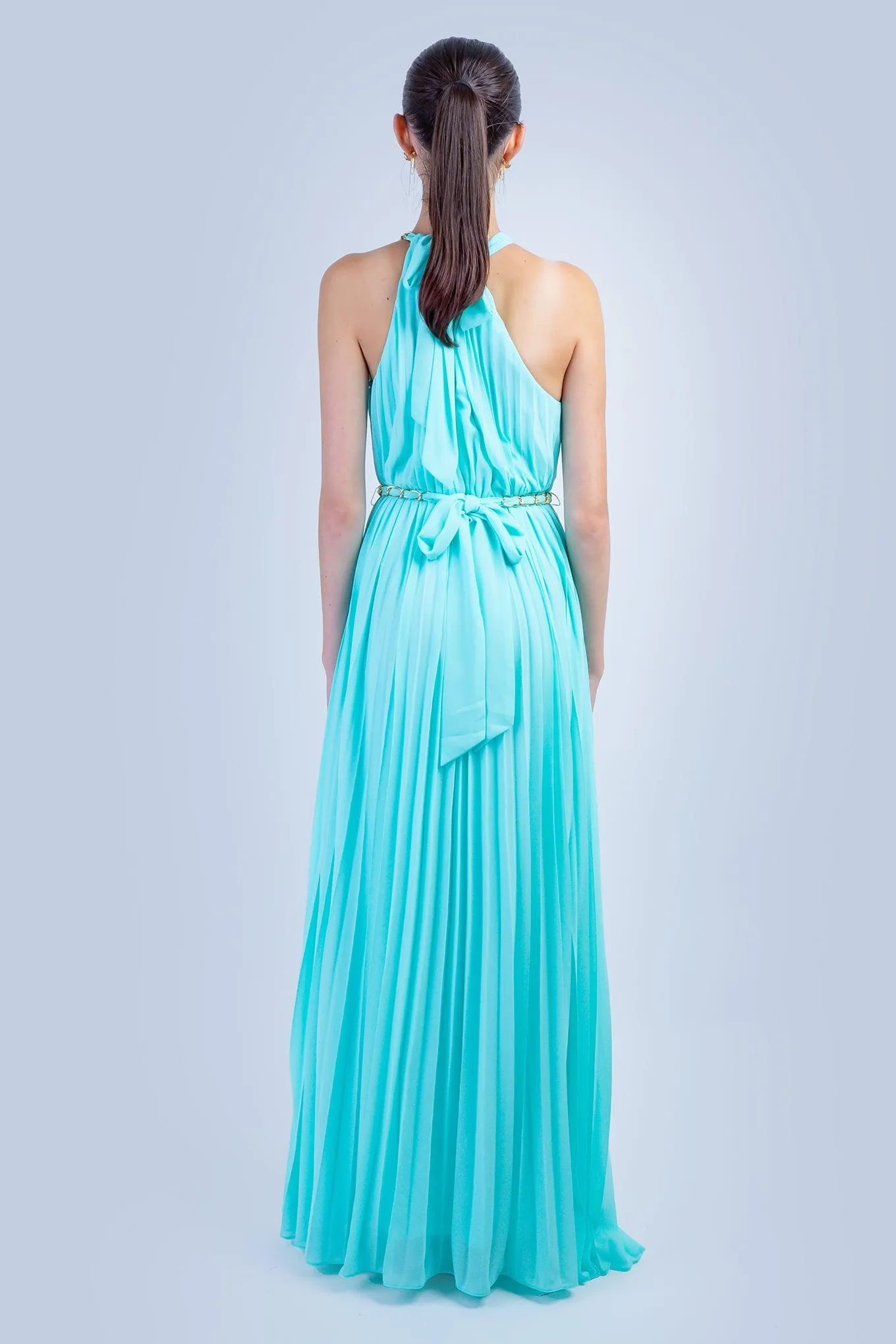 Turquoise Braided Chain Pleated Halter Gown