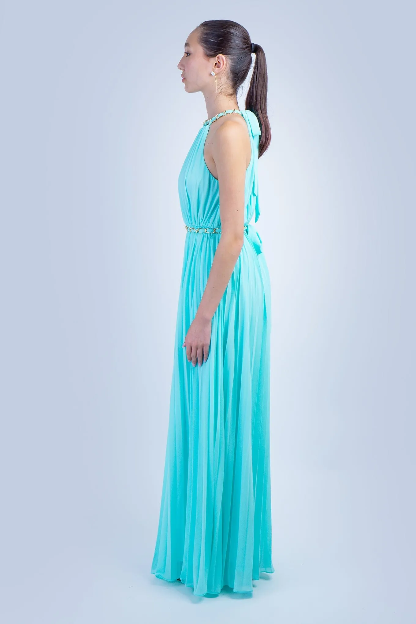 Turquoise Braided Chain Pleated Halter Gown