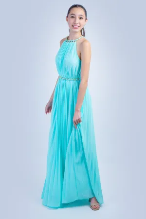 Turquoise Braided Chain Pleated Halter Gown