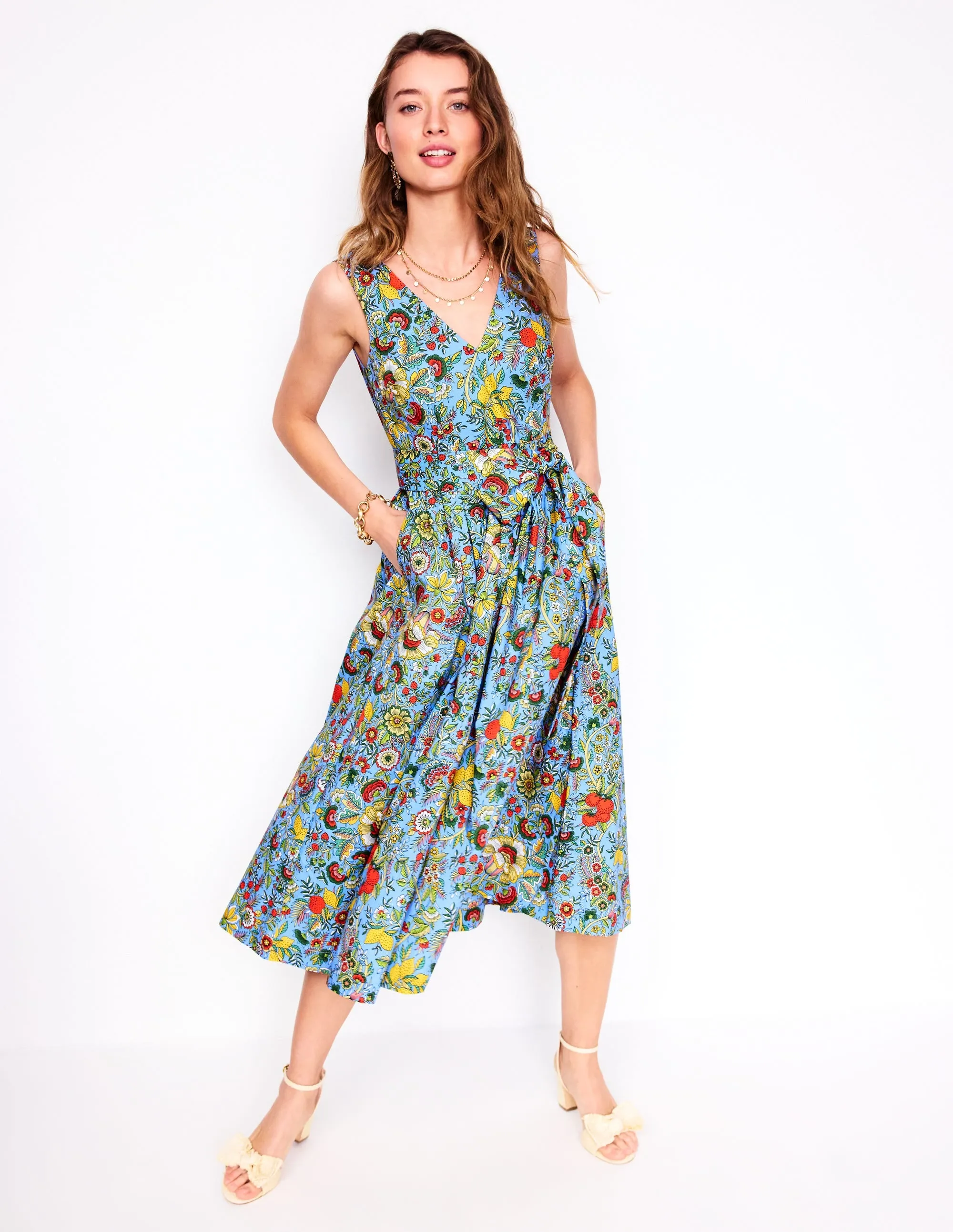 V-Neck Belted Flare Dress-Multi. Citrus Vine