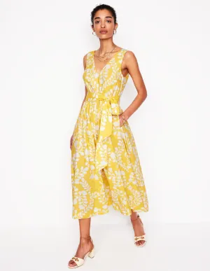 V-Neck Belted Flare Dress-Yellow. Vine Silhouette