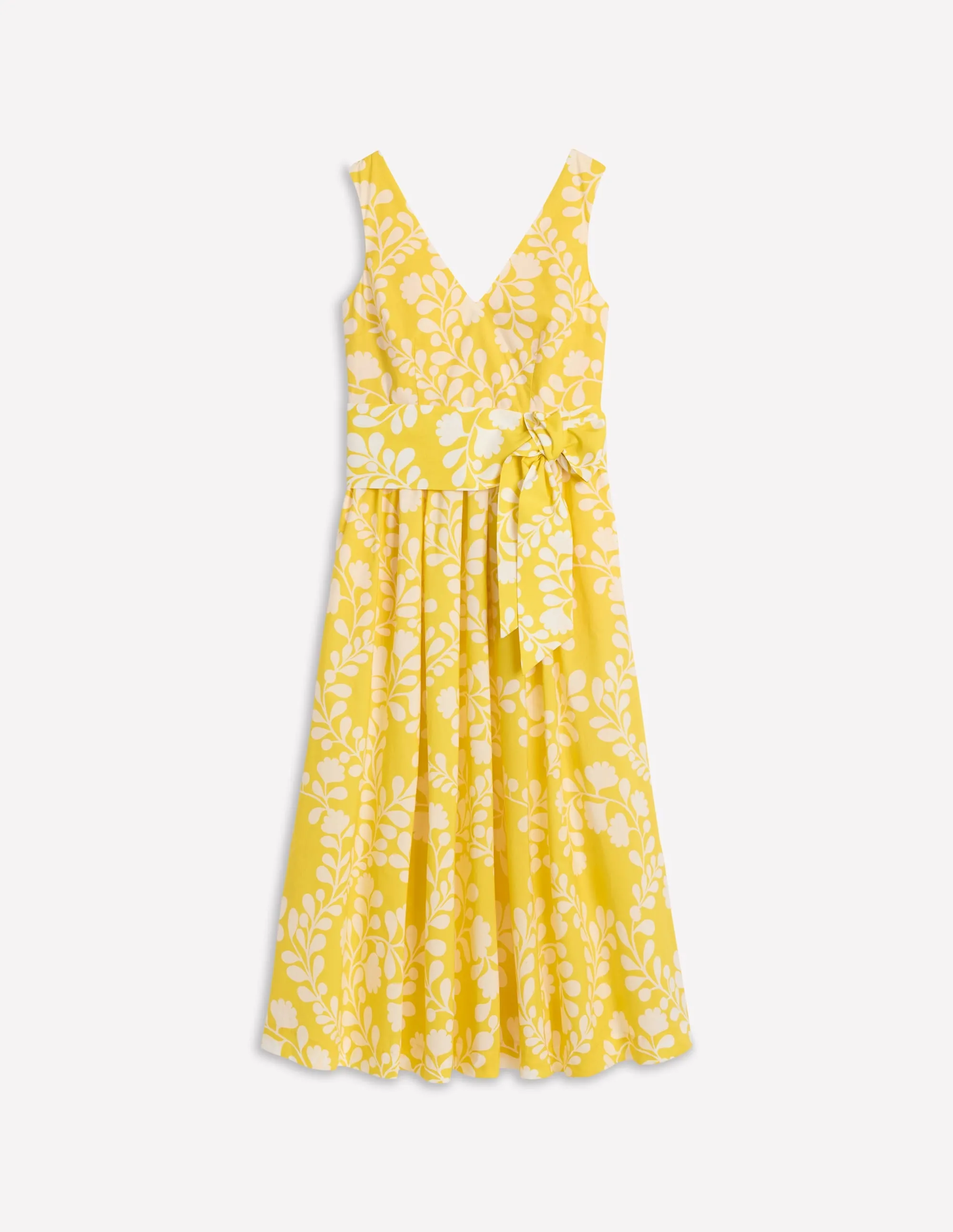 V-Neck Belted Flare Dress-Yellow. Vine Silhouette
