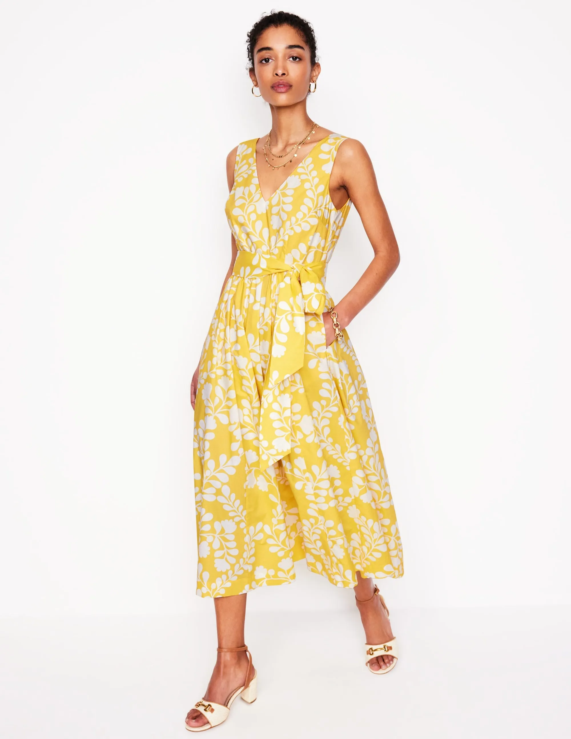 V-Neck Belted Flare Dress-Yellow. Vine Silhouette