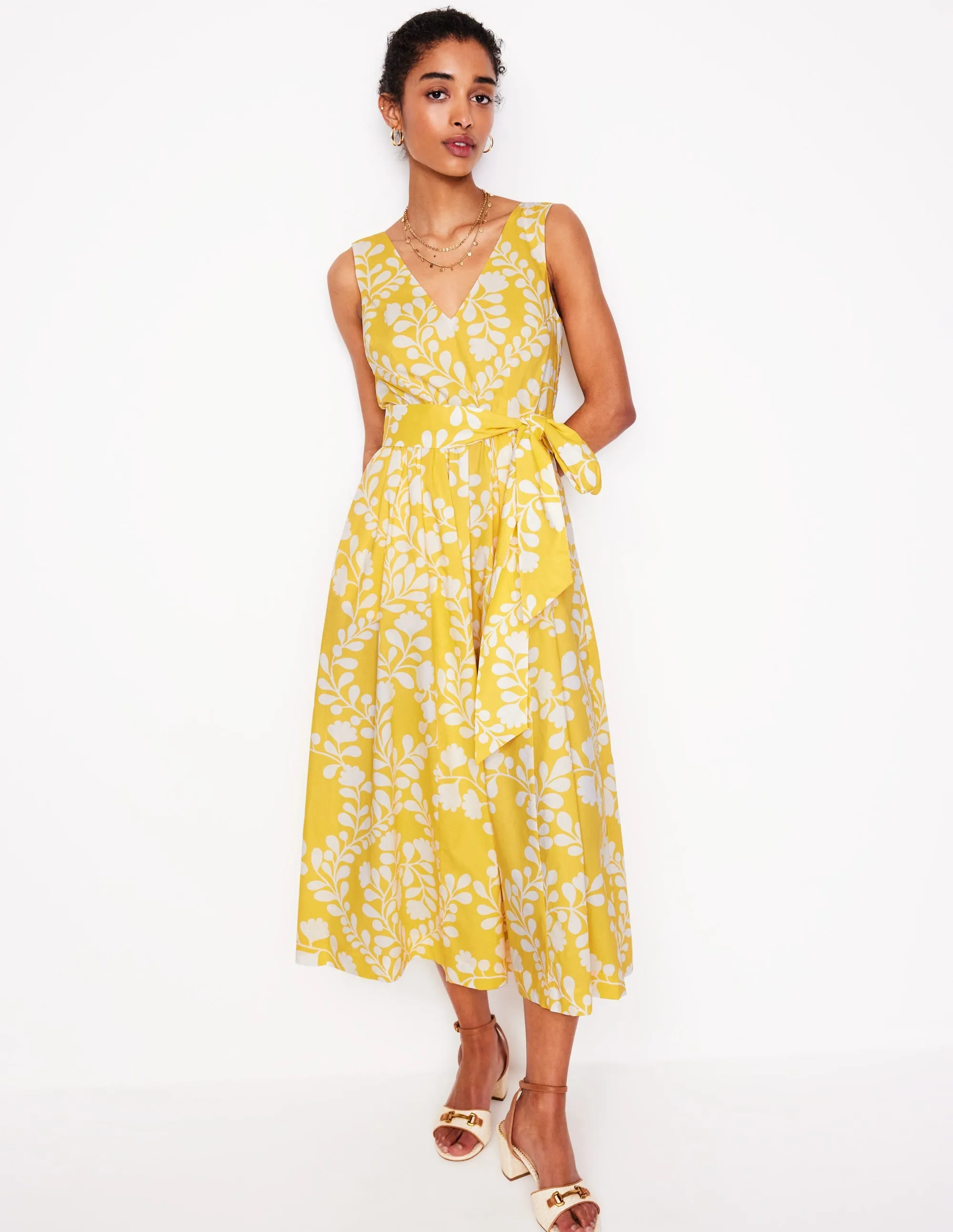 V-Neck Belted Flare Dress-Yellow. Vine Silhouette