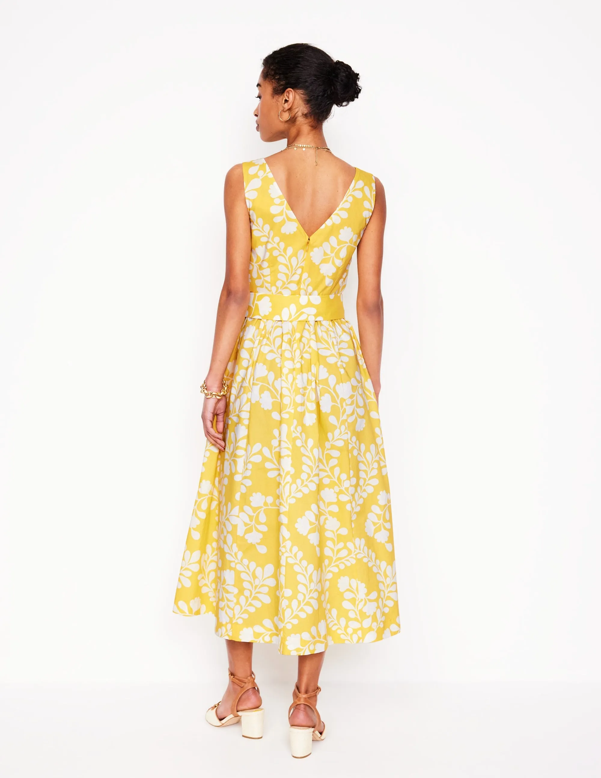 V-Neck Belted Flare Dress-Yellow. Vine Silhouette