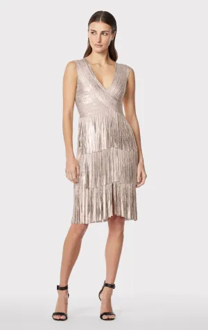 V NECK FOIL FRINGED MIDI DRESS