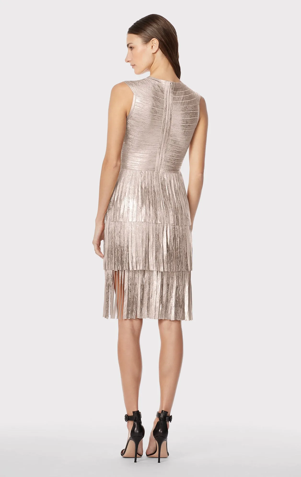 V NECK FOIL FRINGED MIDI DRESS