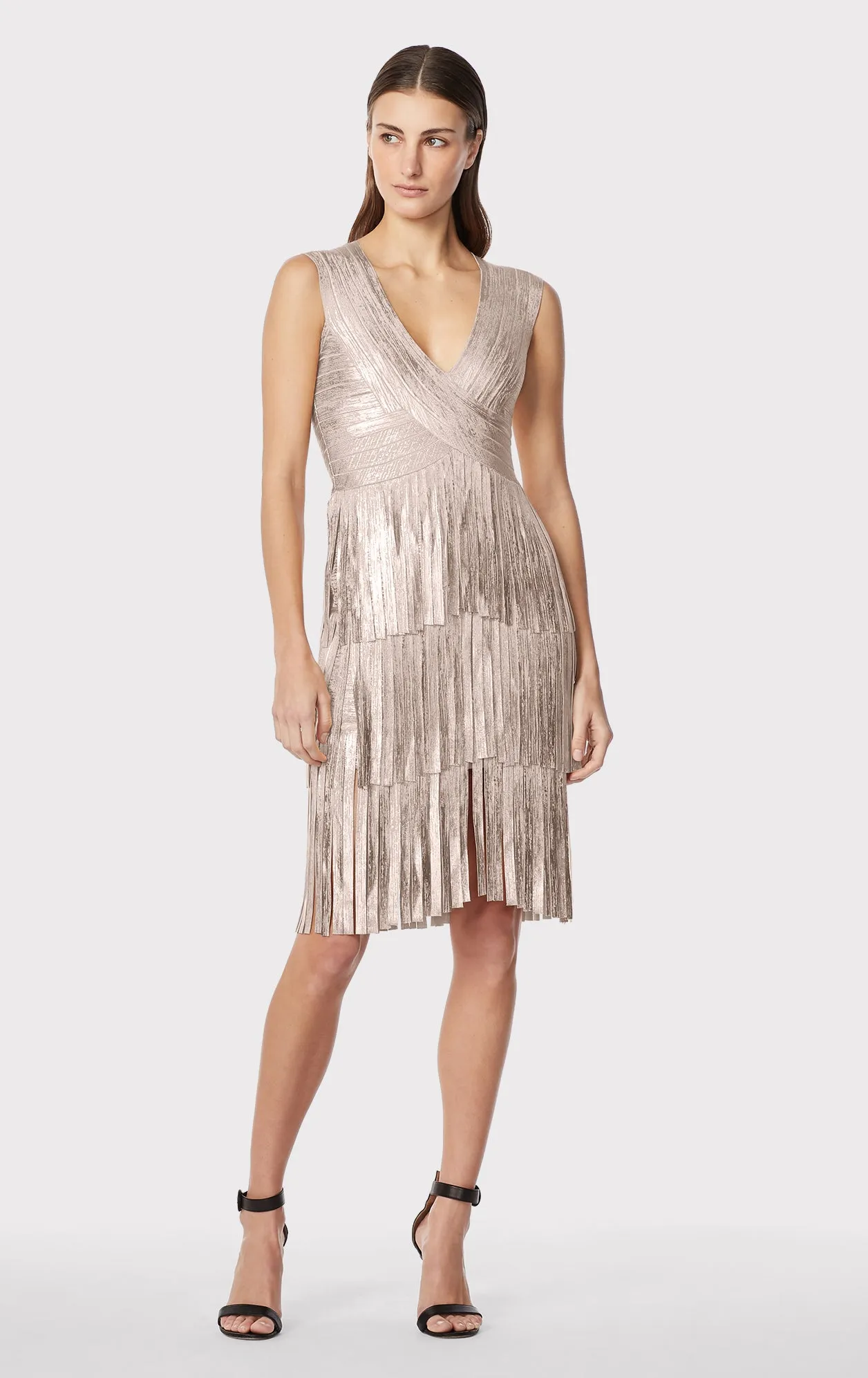 V NECK FOIL FRINGED MIDI DRESS