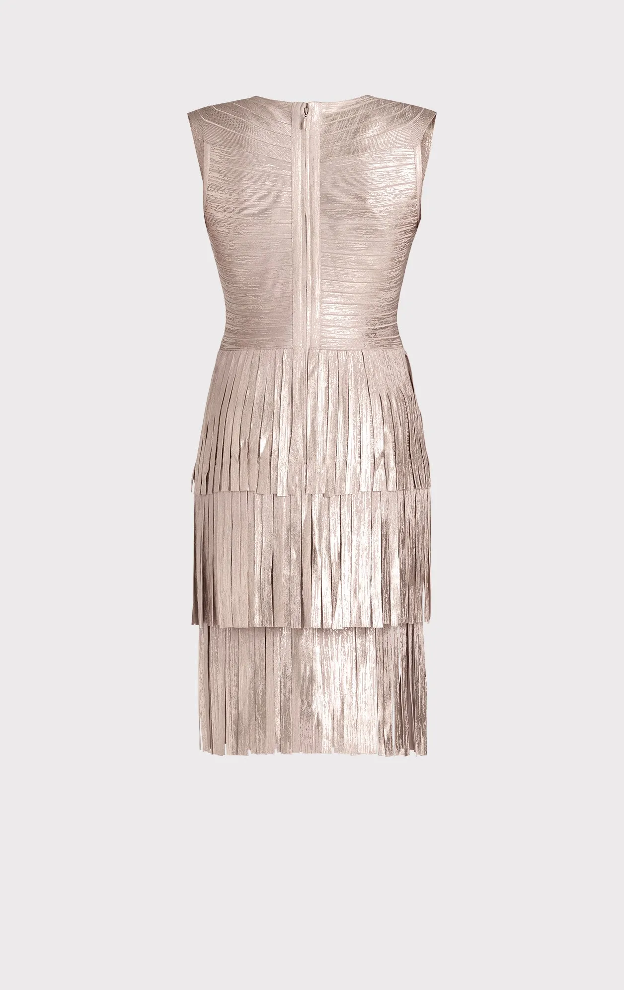 V NECK FOIL FRINGED MIDI DRESS