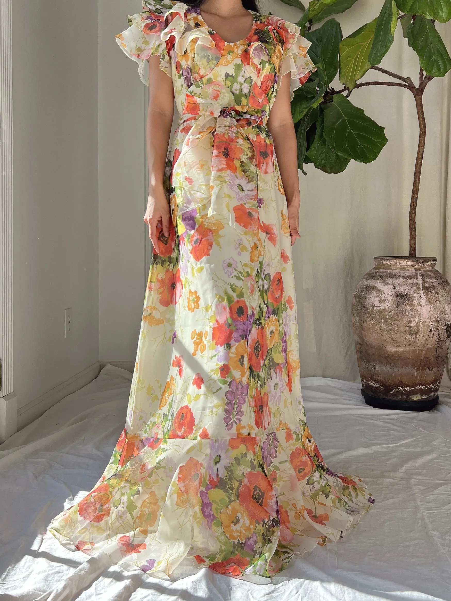 Vintage Floral Voile Dress - S