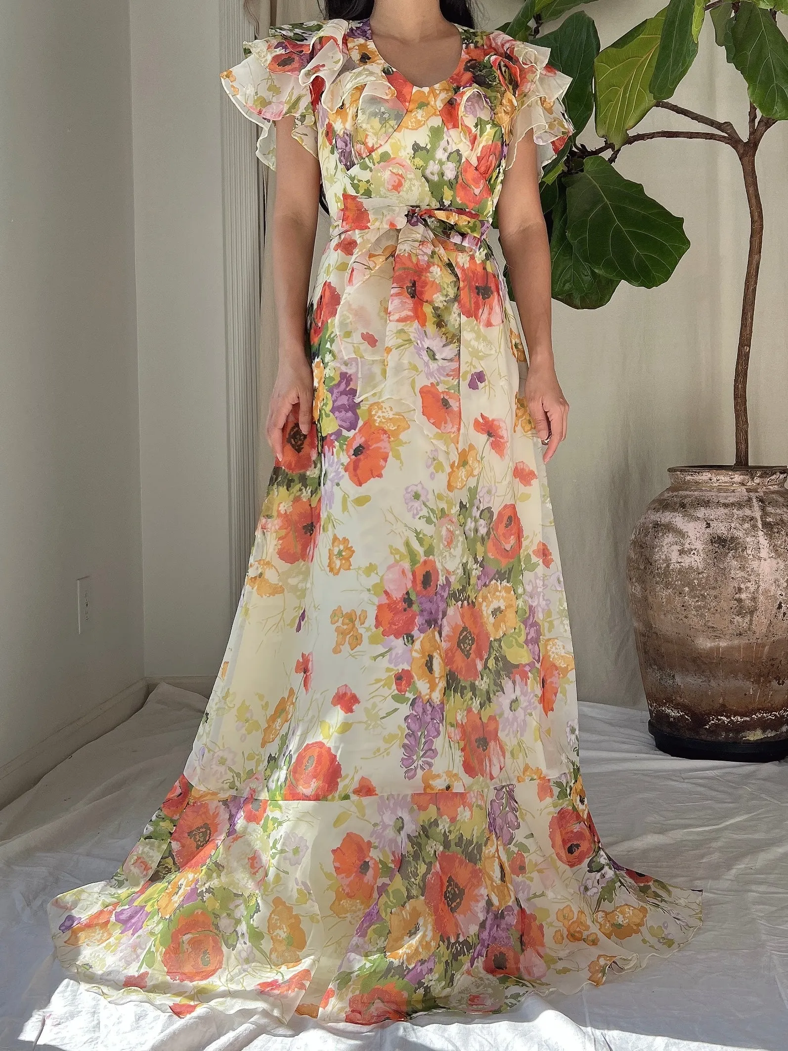 Vintage Floral Voile Dress - S
