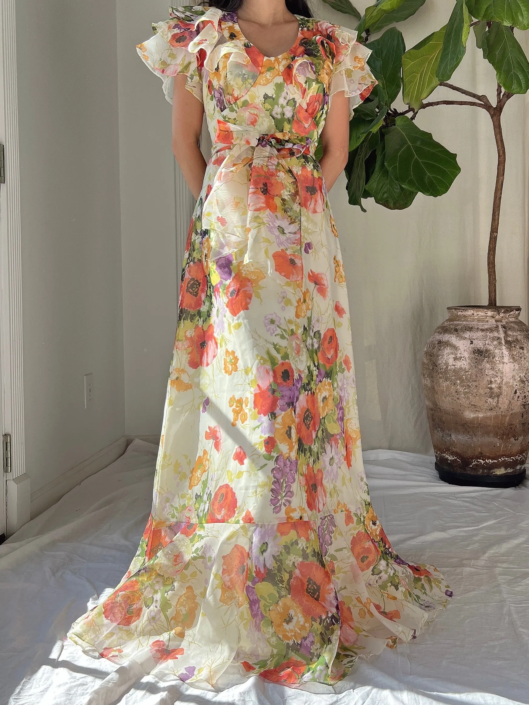 Vintage Floral Voile Dress - S