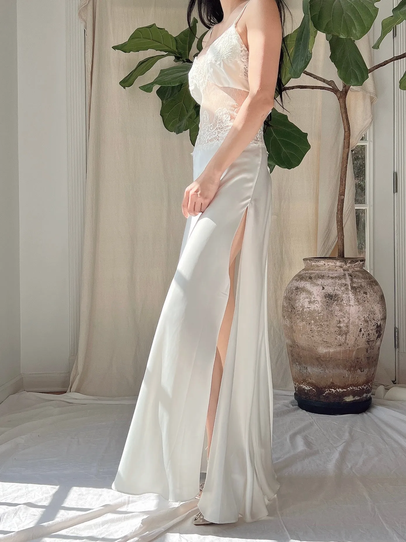 Vintage Satin Lace Panel Slip Dress - S/M