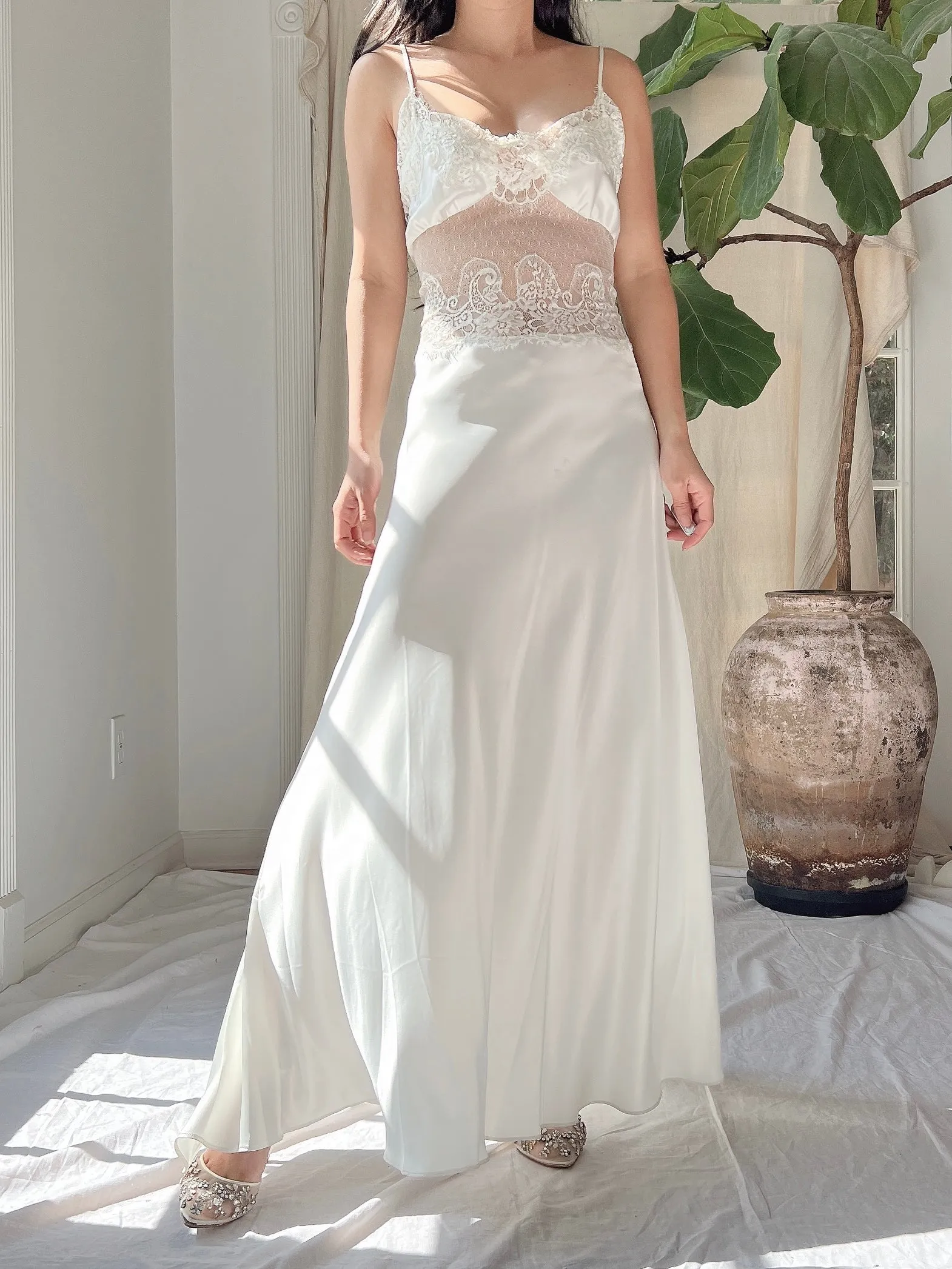 Vintage Satin Lace Panel Slip Dress - S/M