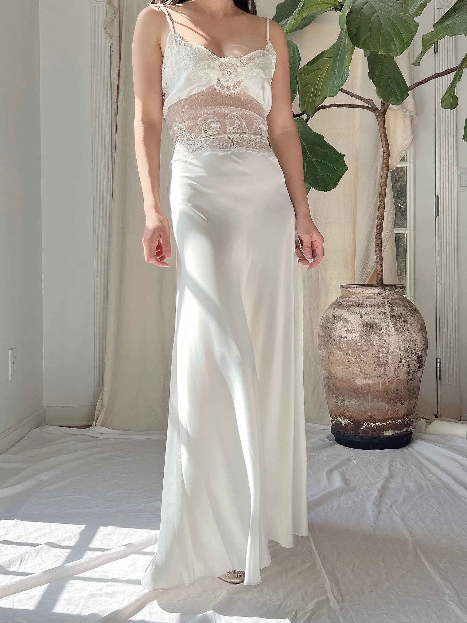 Vintage Satin Lace Panel Slip Dress - S/M