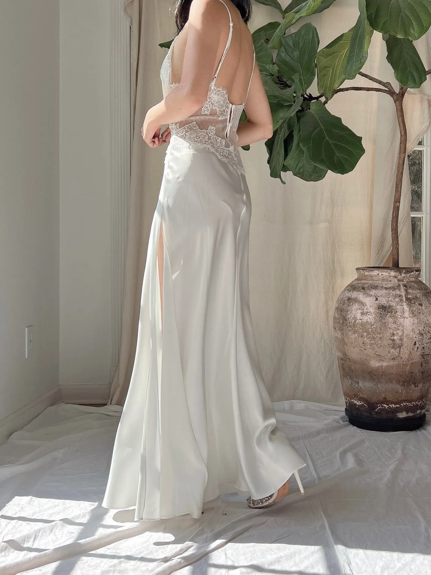 Vintage Satin Lace Panel Slip Dress - S/M