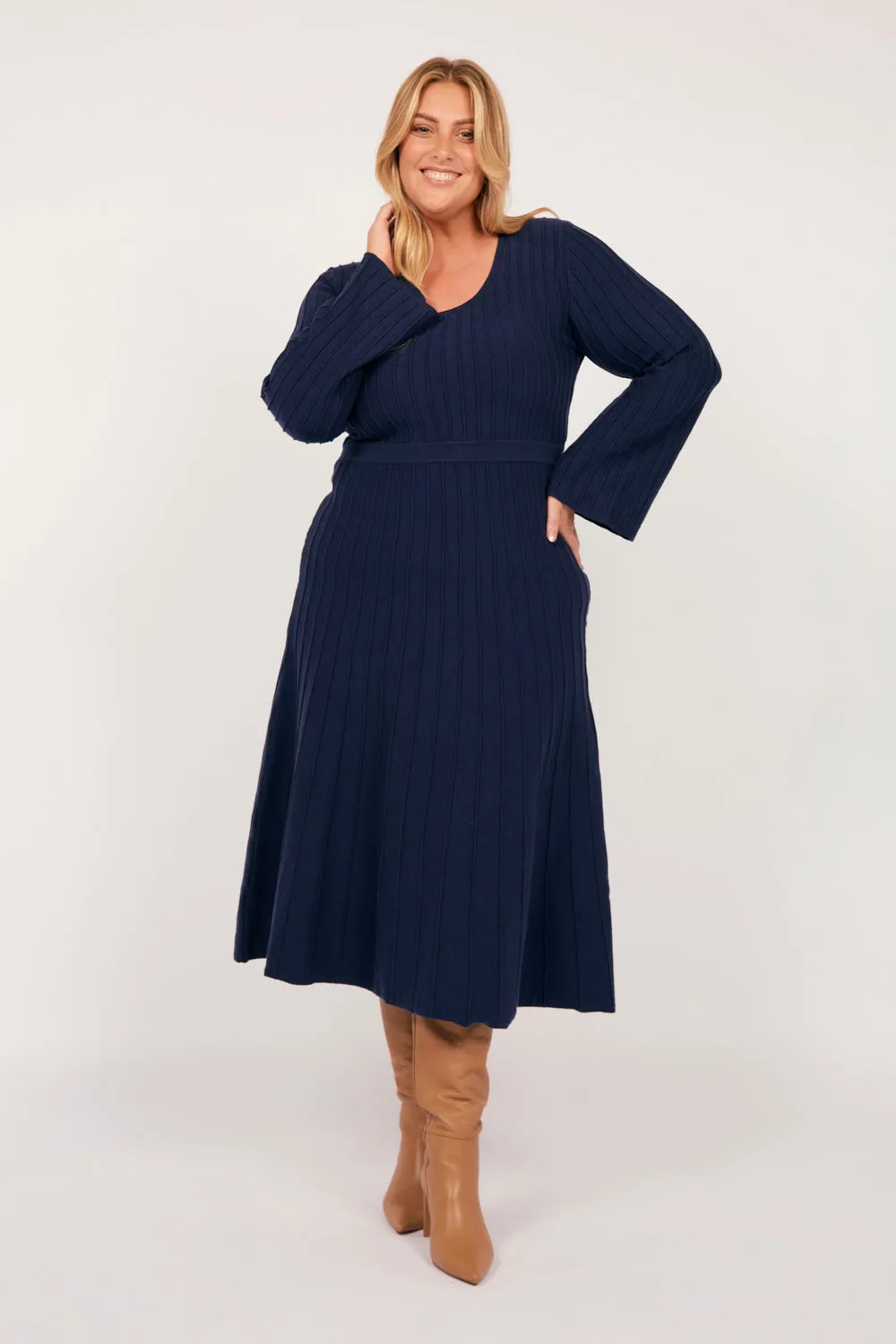 Waisted Knitted Dress in Navy