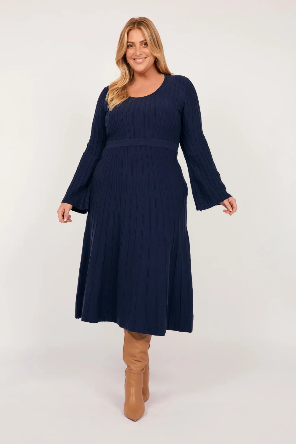 Waisted Knitted Dress in Navy