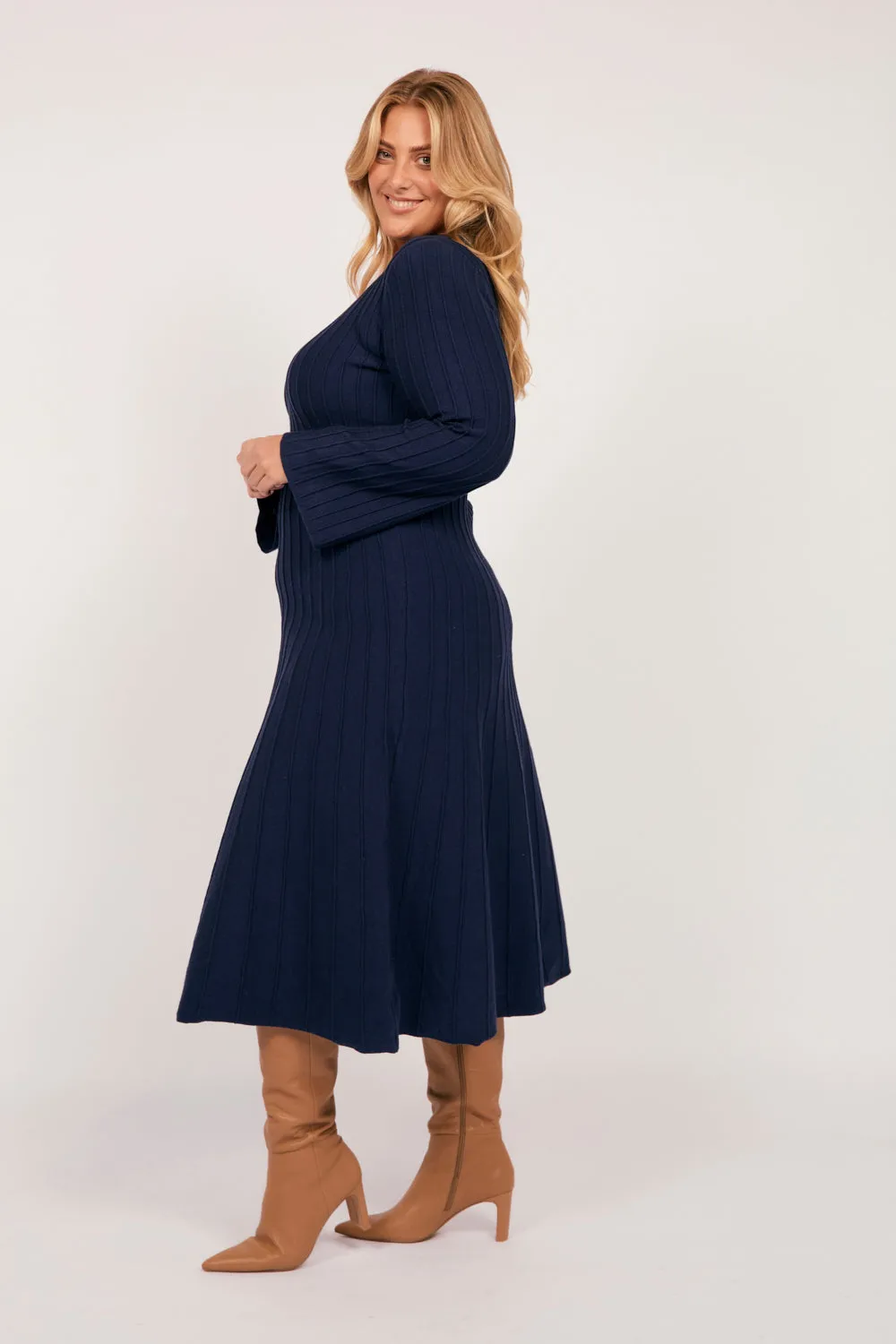 Waisted Knitted Dress in Navy