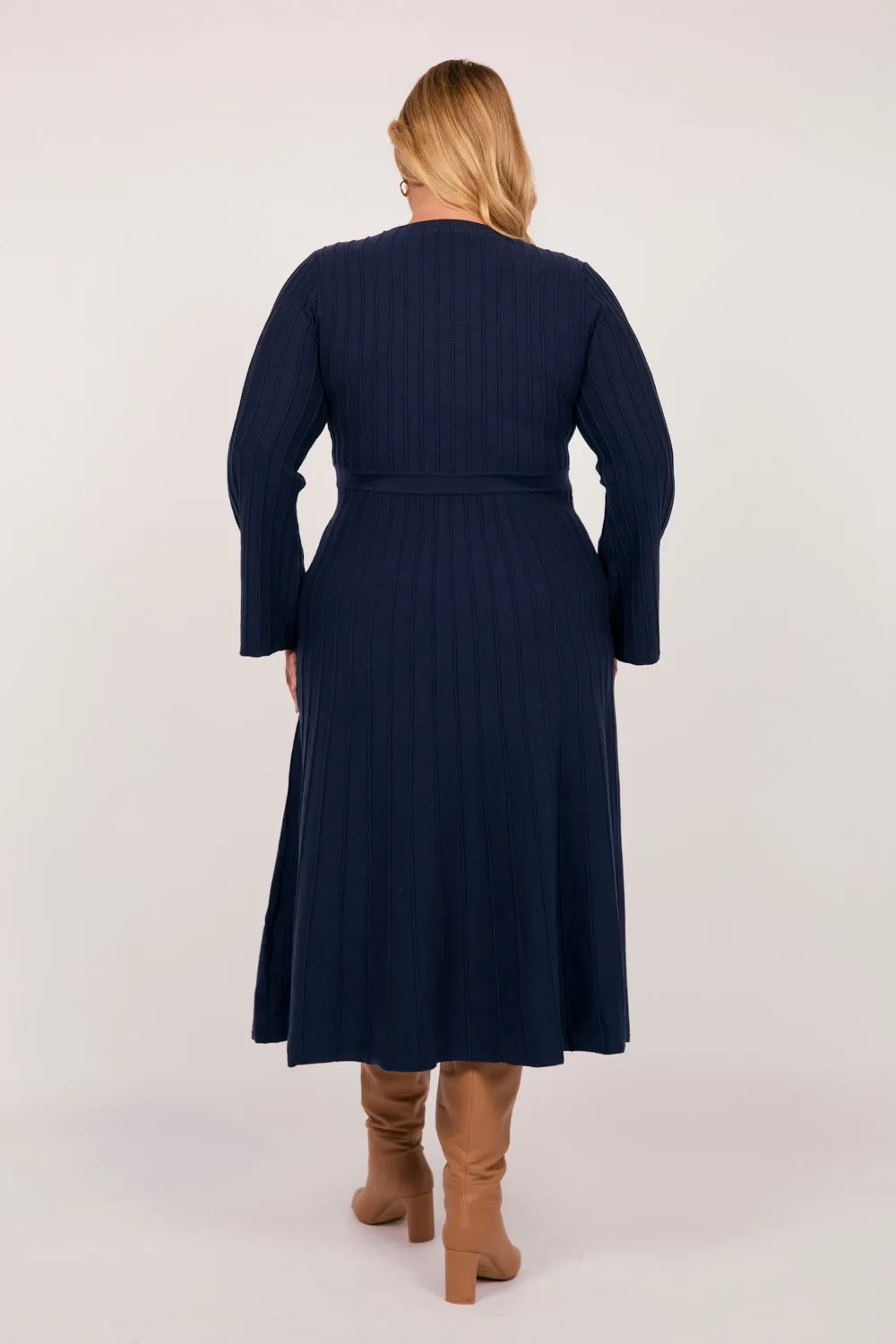 Waisted Knitted Dress in Navy