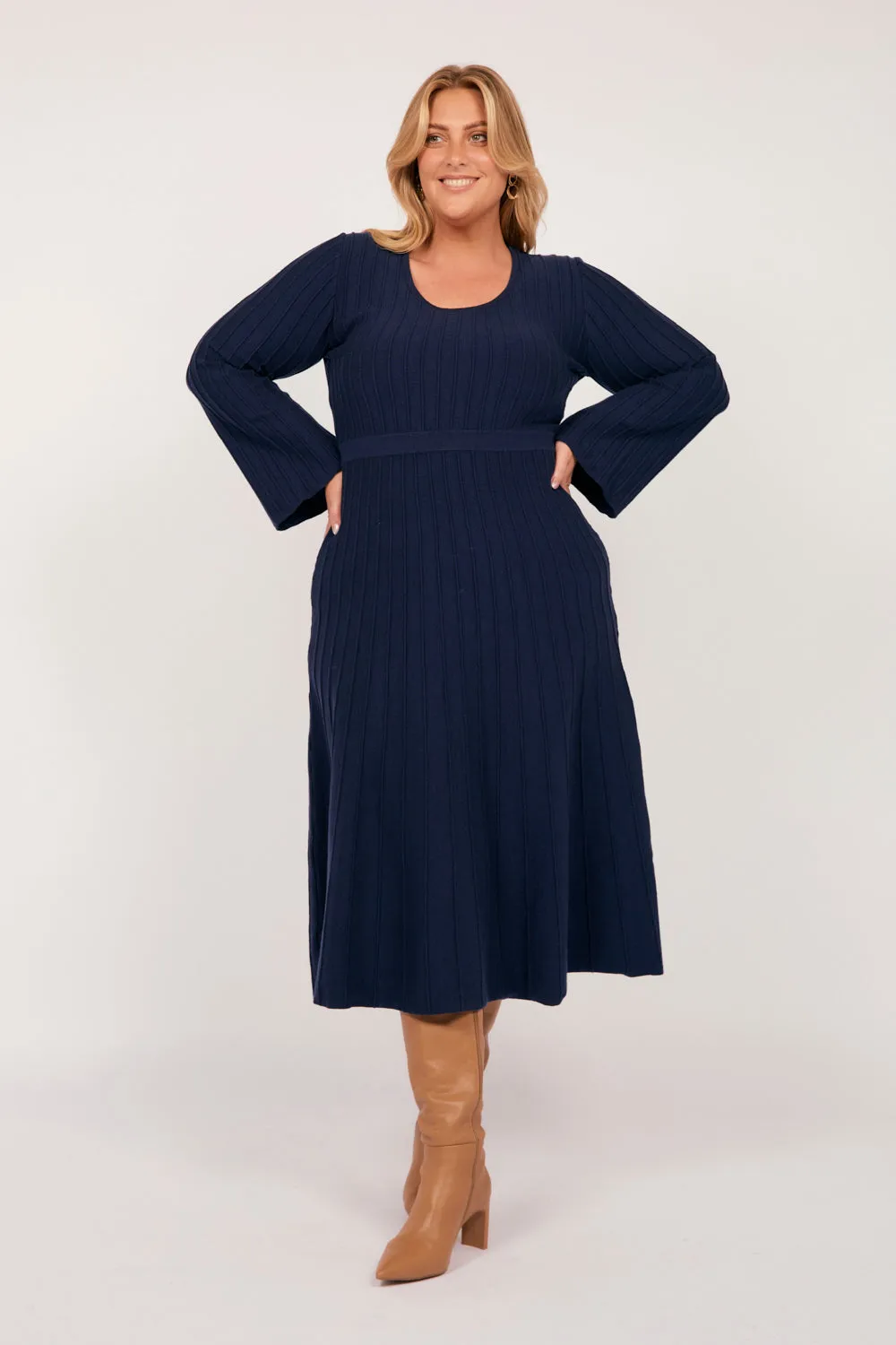 Waisted Knitted Dress in Navy