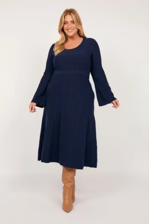 Waisted Knitted Dress in Navy