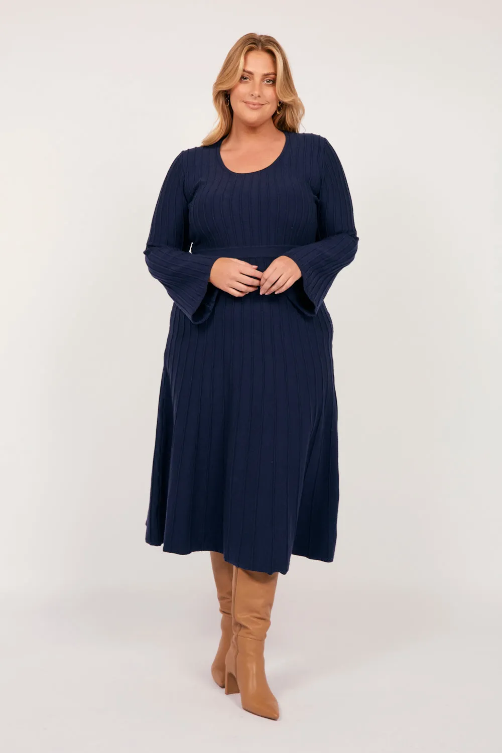 Waisted Knitted Dress in Navy