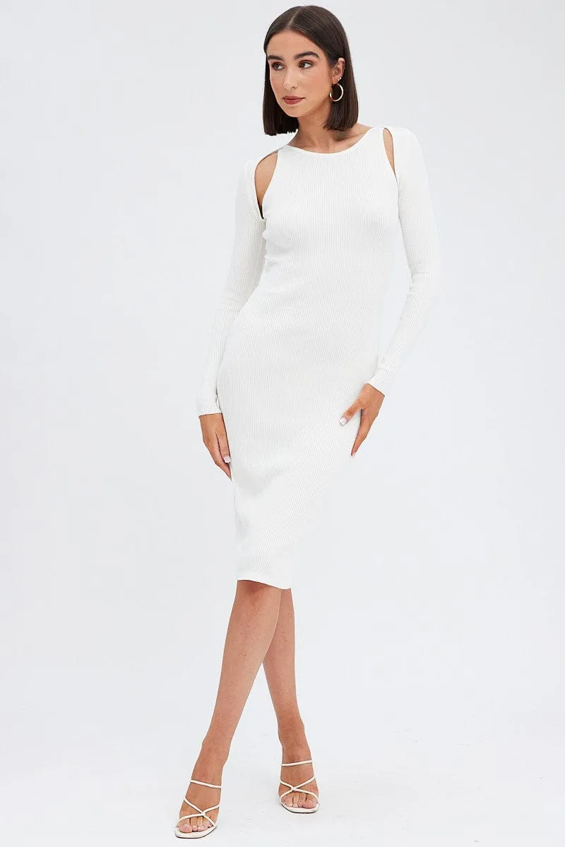 White Midi Dress Long Sleeve Keyhole Bodycon Rib Knit