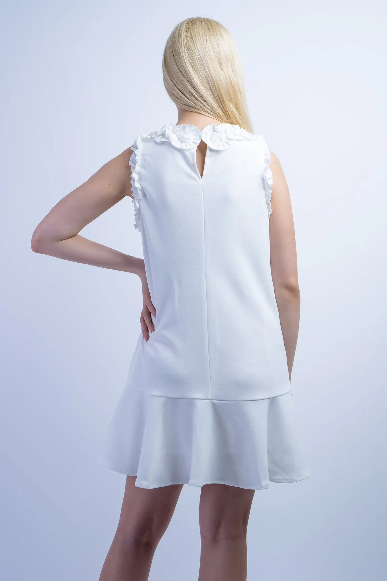 White Small Ruffle Trim Shift Dress
