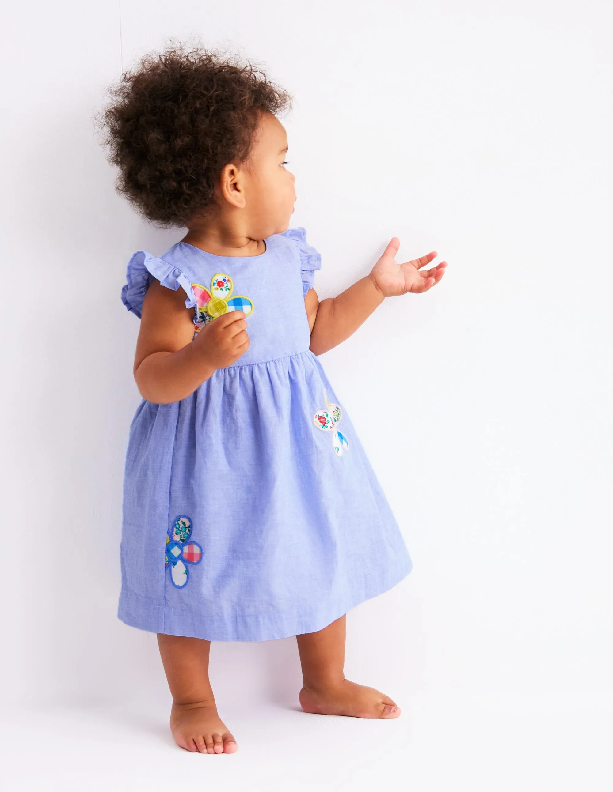 Woven Frill Dress-Blue Patchwork Flower