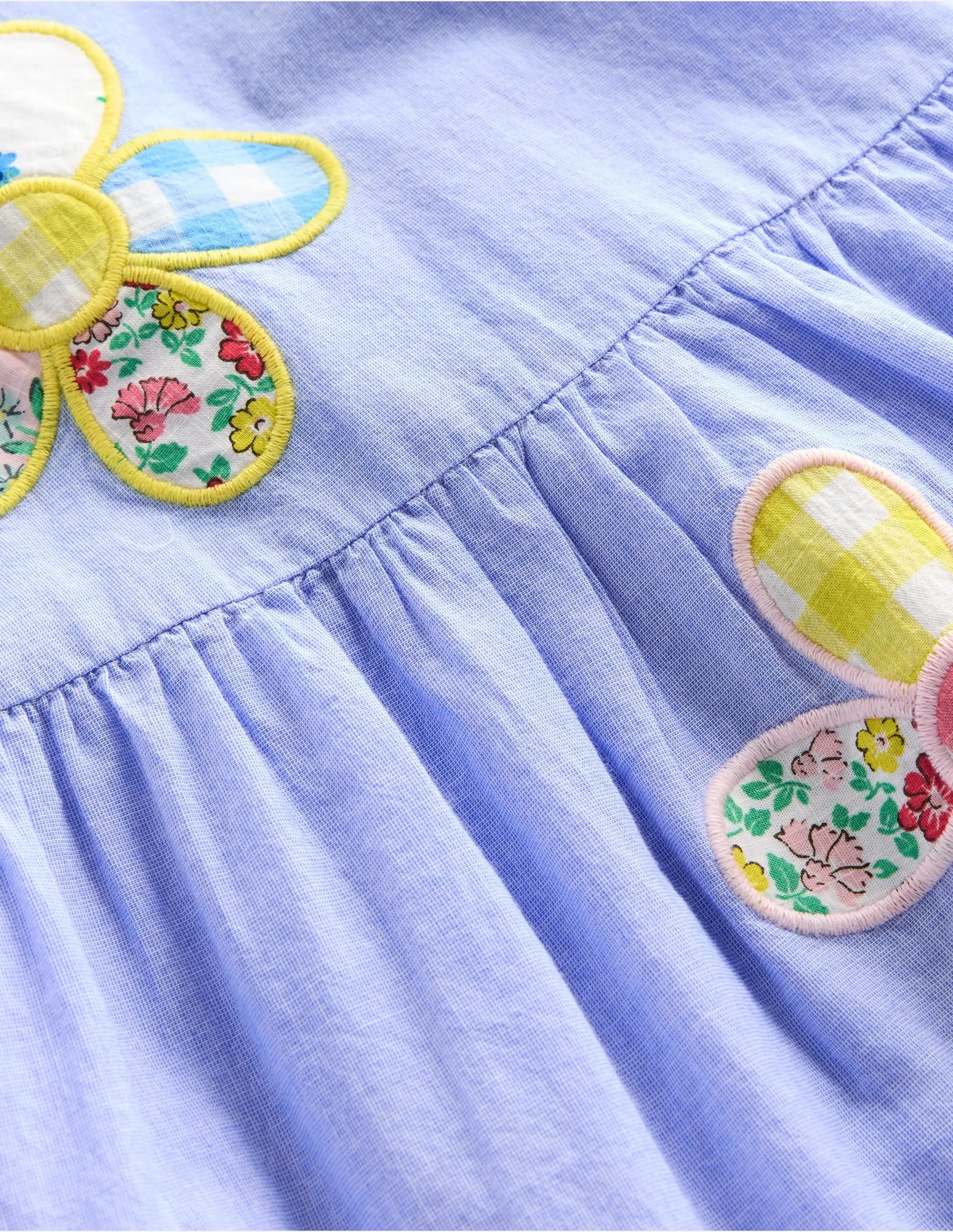 Woven Frill Dress-Blue Patchwork Flower