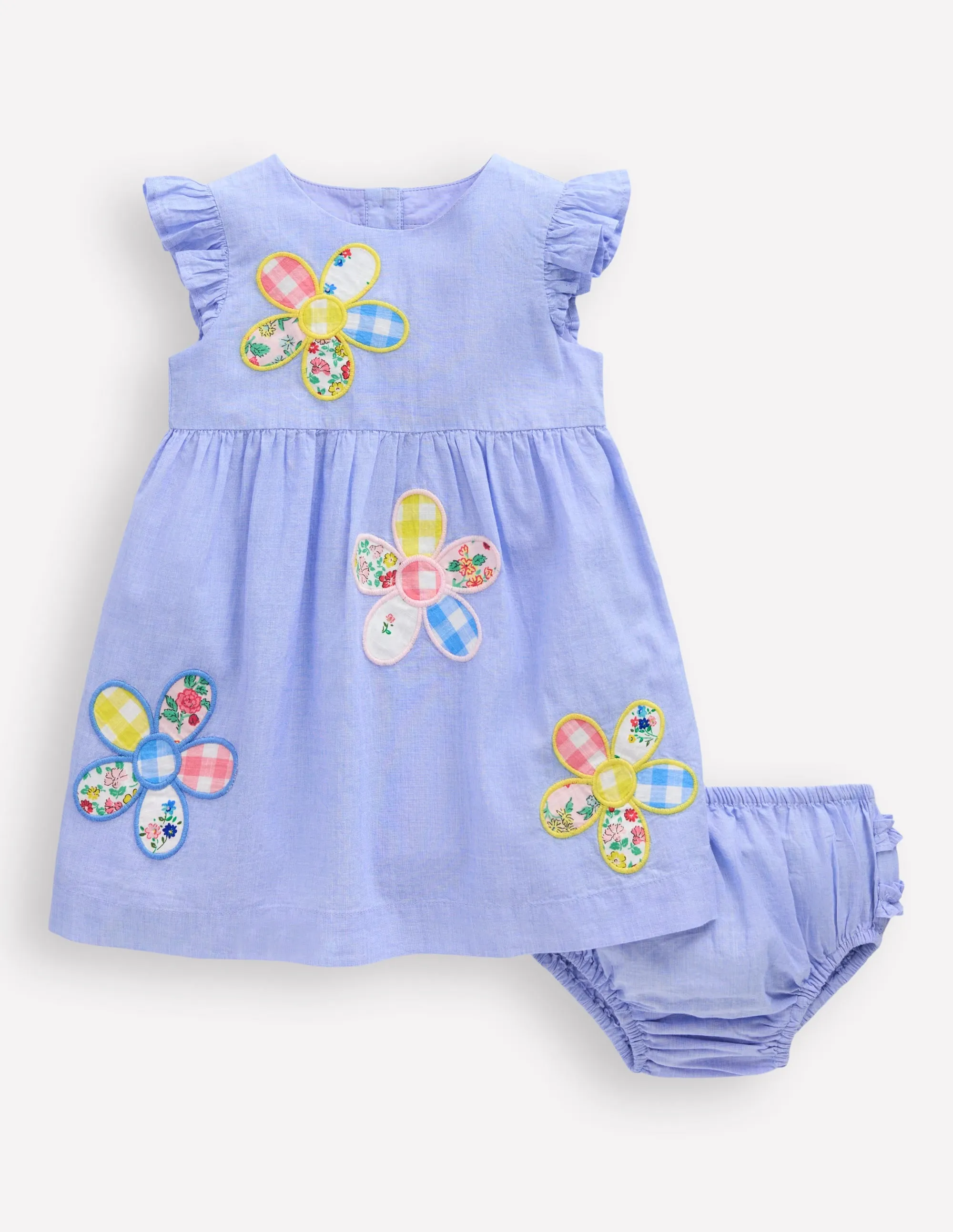 Woven Frill Dress-Blue Patchwork Flower