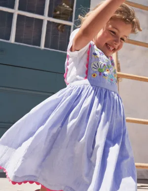 Woven Pinafore Dress-Blue Multi Embroidery